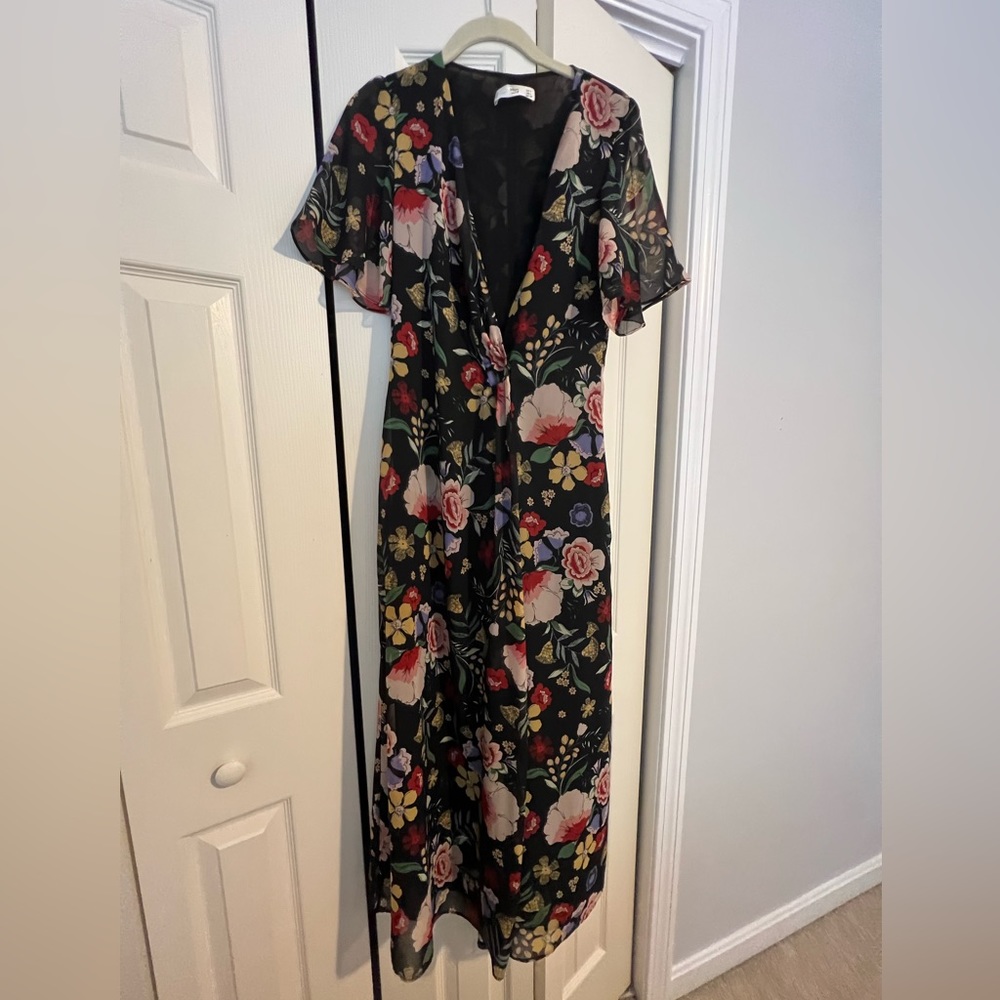 Mango black floral flowy dress with wrap like closure